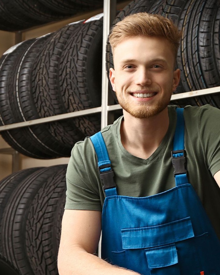 Man working in automotive industry smiles in a tire warehouse