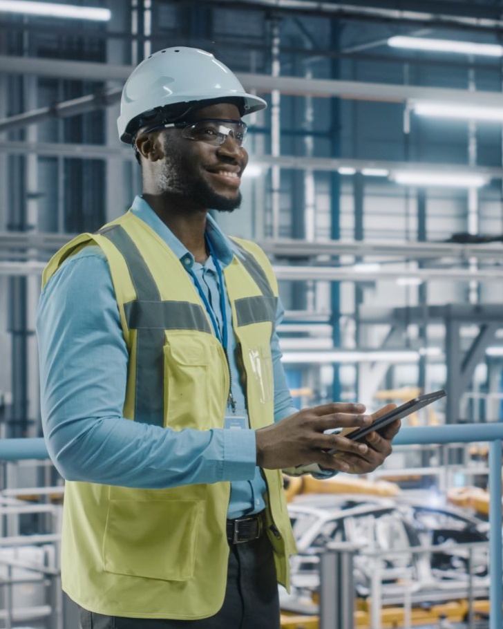 Engineer stands in factory while on laptop