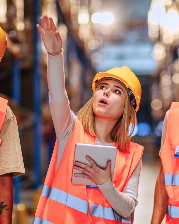 Colleagues walk through warehouse together
