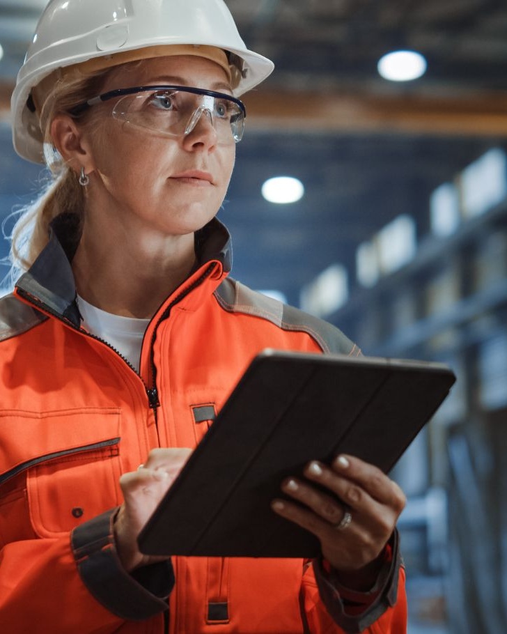 woman in warehouse managing inventory digitally