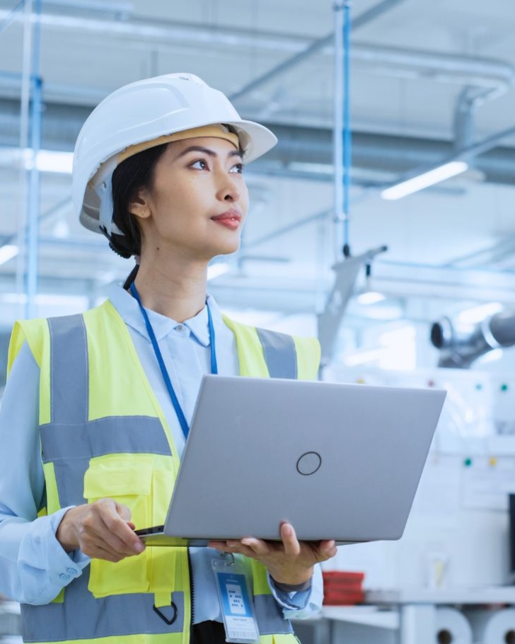 Female engineer tours factory while on digital tablet