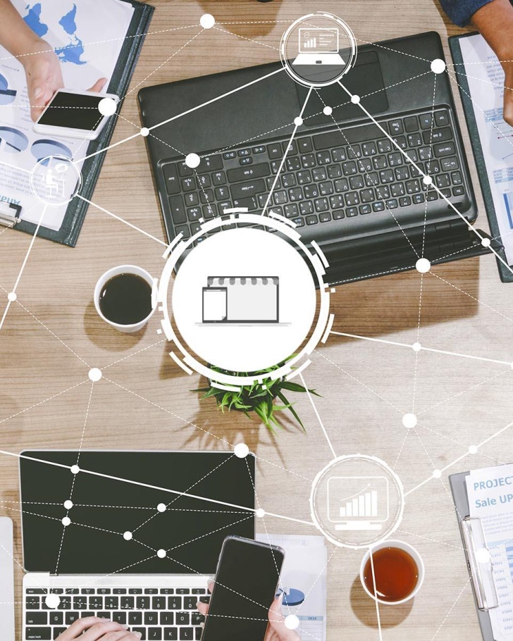 Image representing digital connections between people on various devices like mobile and computer