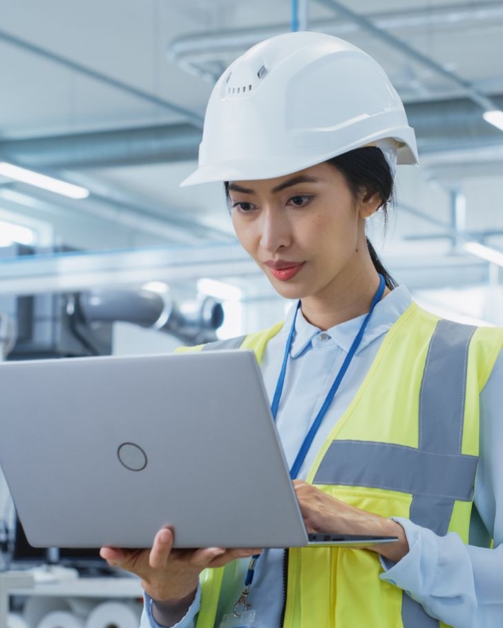 Woman orders something on her laptop in warehouse