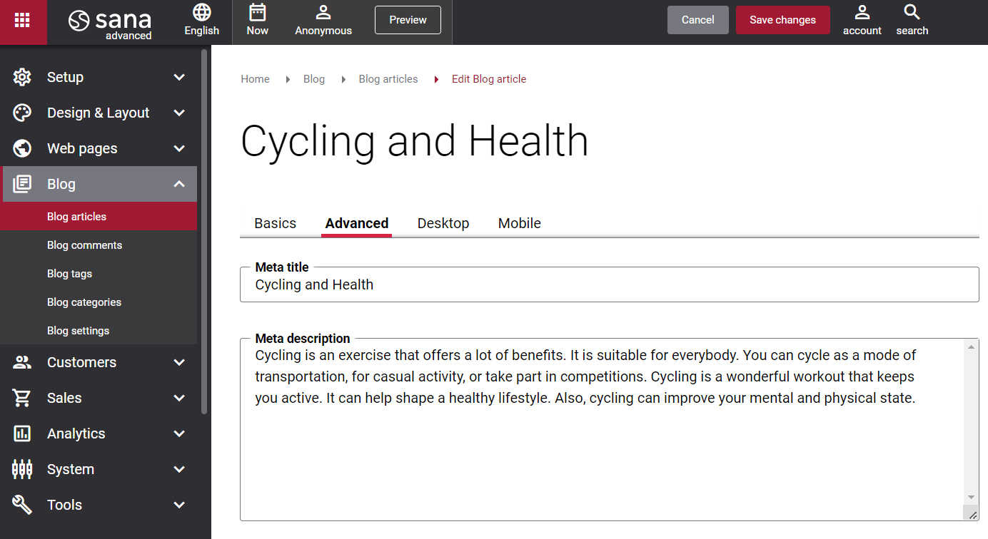 Sana blog functionality - advanced tab