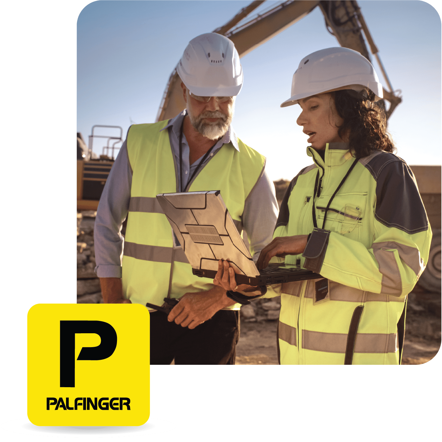 two workers wearing vests and hardhats looking at a laptop with a palfinger logo in the front