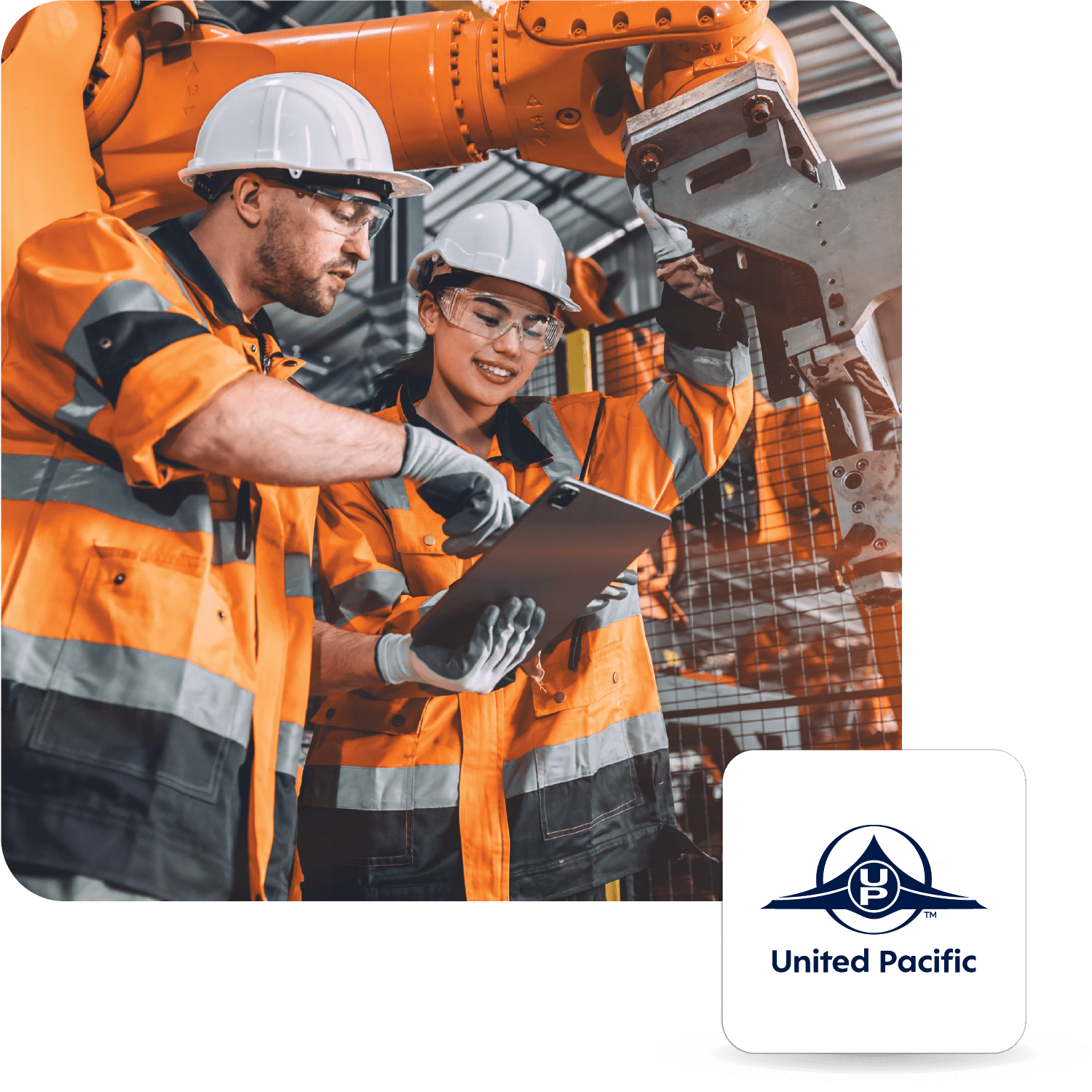 two people wearing vests and hardhats with heavy machinery in the background. They're looking at a tablet and there is a United Pacific Industries logo on the image