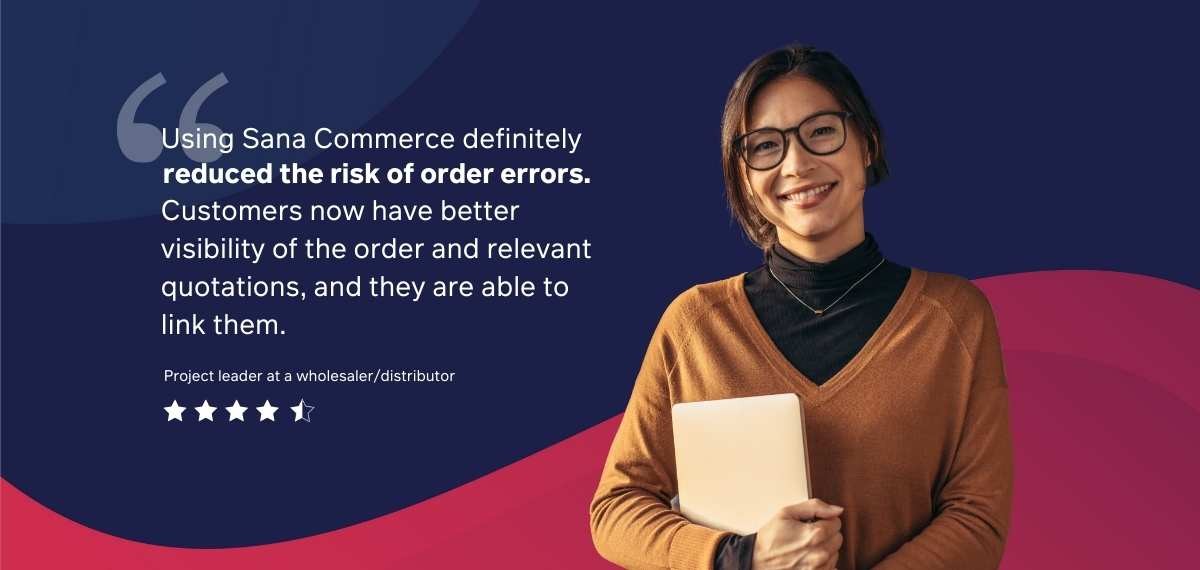 Quote from PeerSpot user with image of female project manager on red and blue background