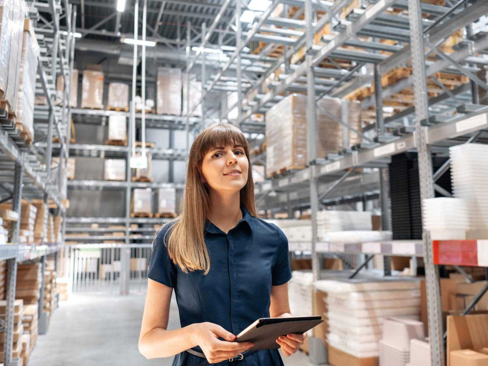 Woman in a navy shirt holding a clipboard and looking upward inside a modern industrial warehouse with metal shelving and equipment.