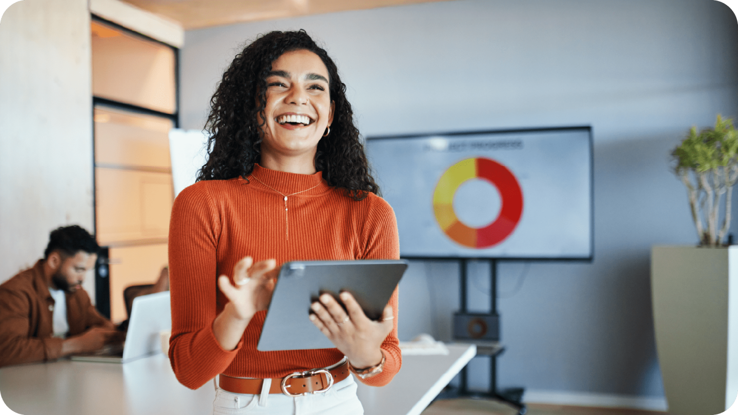 Woman smiling with report