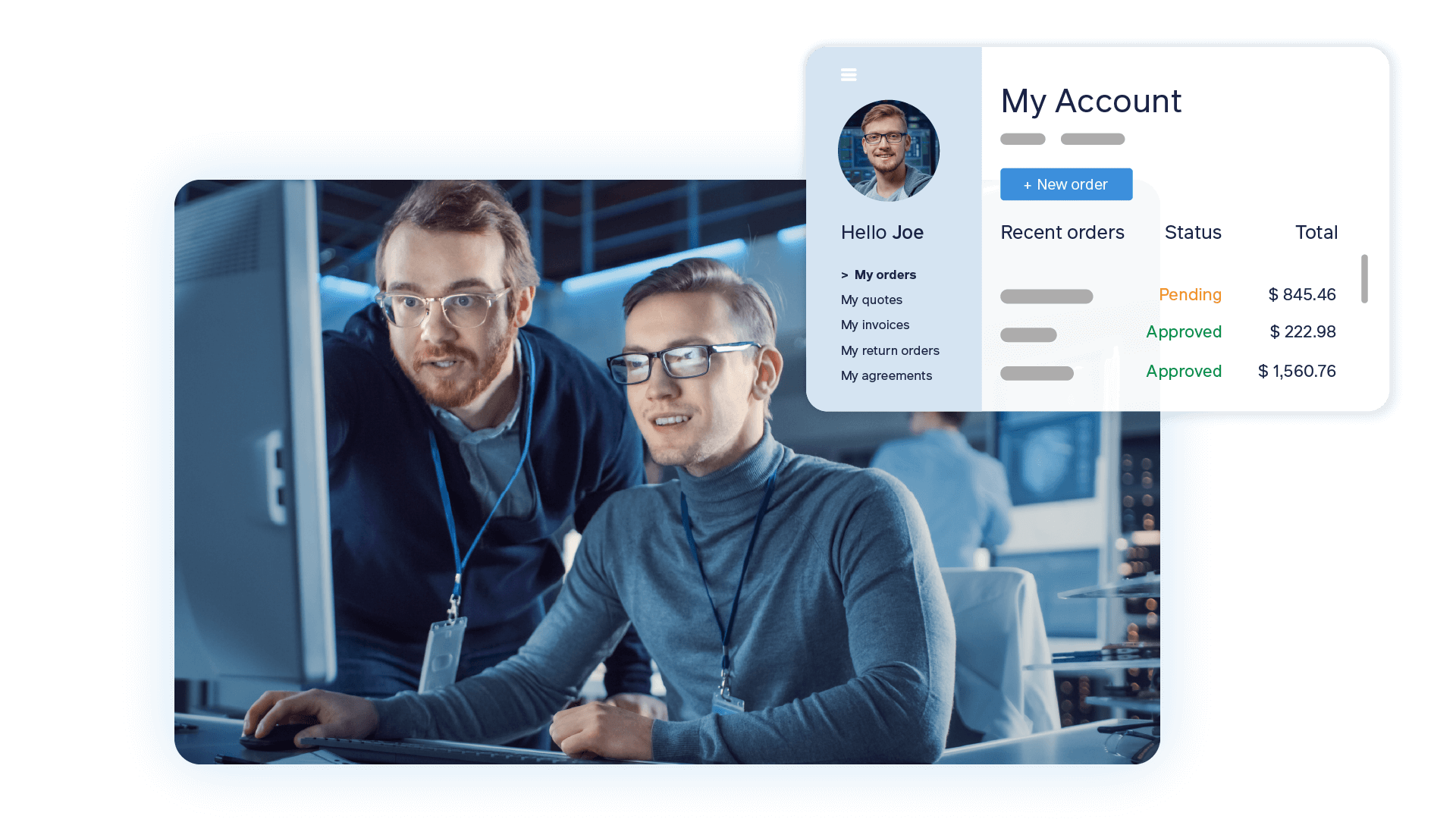 two people looking at a computer with an illustrated "my account" overlay