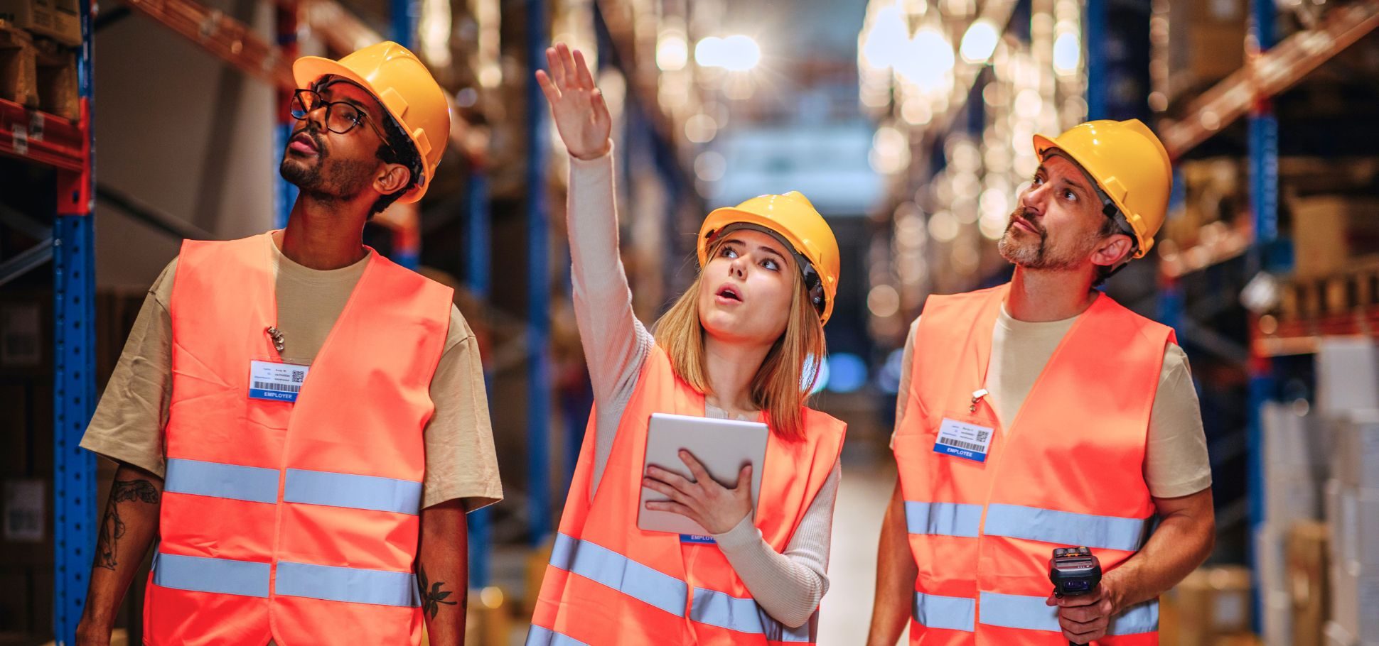 Colleagues walk through warehouse together