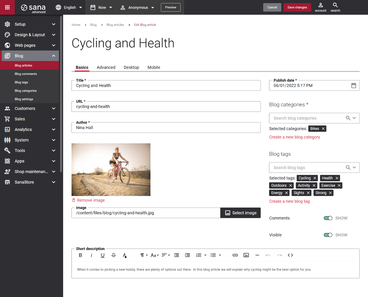 Sana blog functionality- basic tab