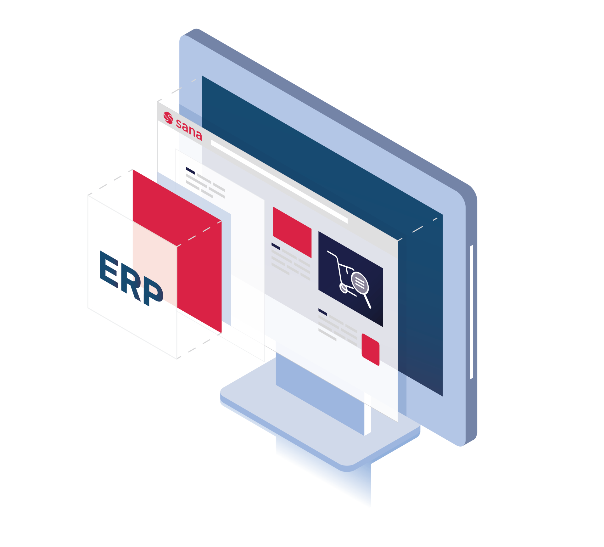 illustration on a monitor with layers of software protruding from the screen, including an ERP and a website