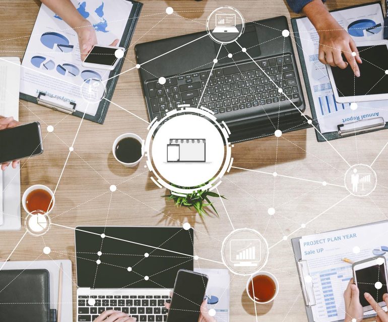 Image representing digital connections between people on various devices like mobile and computer