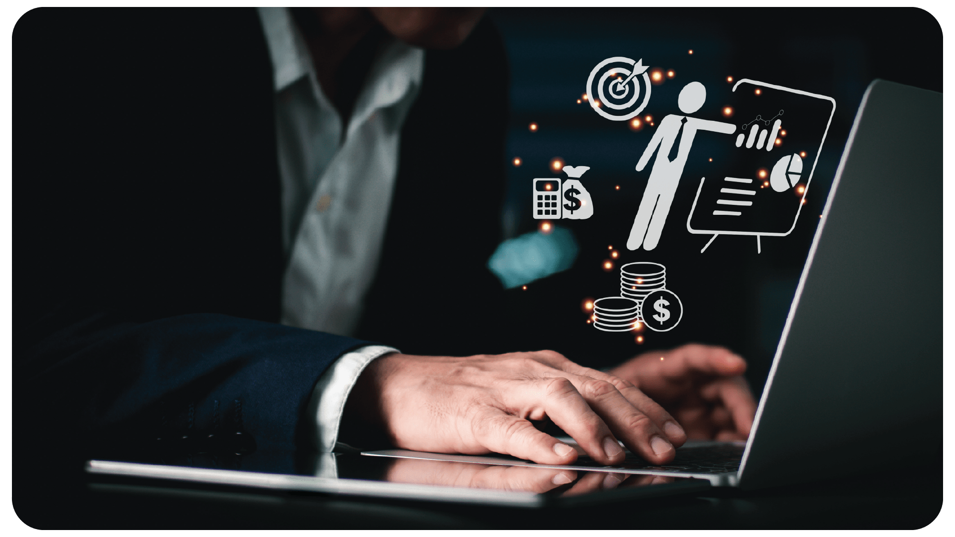 Person arbeitet an einem Laptop, über dem digitale Icons für Finanzplanung, Zielerreichung und Datenvisualisierung eingeblendet sind – steht für Digitalisierung im Finanzwesen.