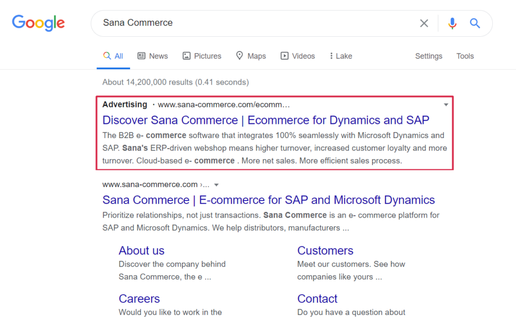 5 B2B Online-Marketing-Strategien, um conversions zu steigern. Beispiel paid advertising: Sana Commerce als gesponsortes Google Suchergebnis