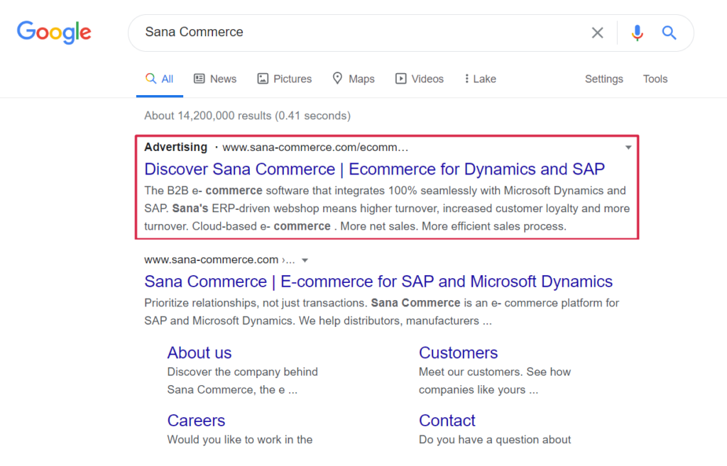 Google search result page for Sana Commerce keyword highlighting SEA result