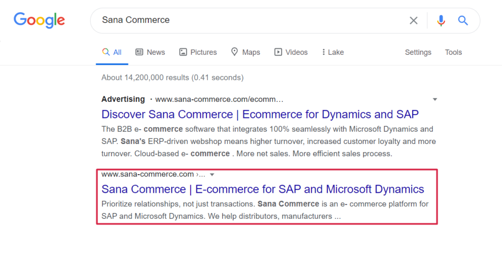 Google search result page for Sana Commerce keyword highlighting organic SEO result