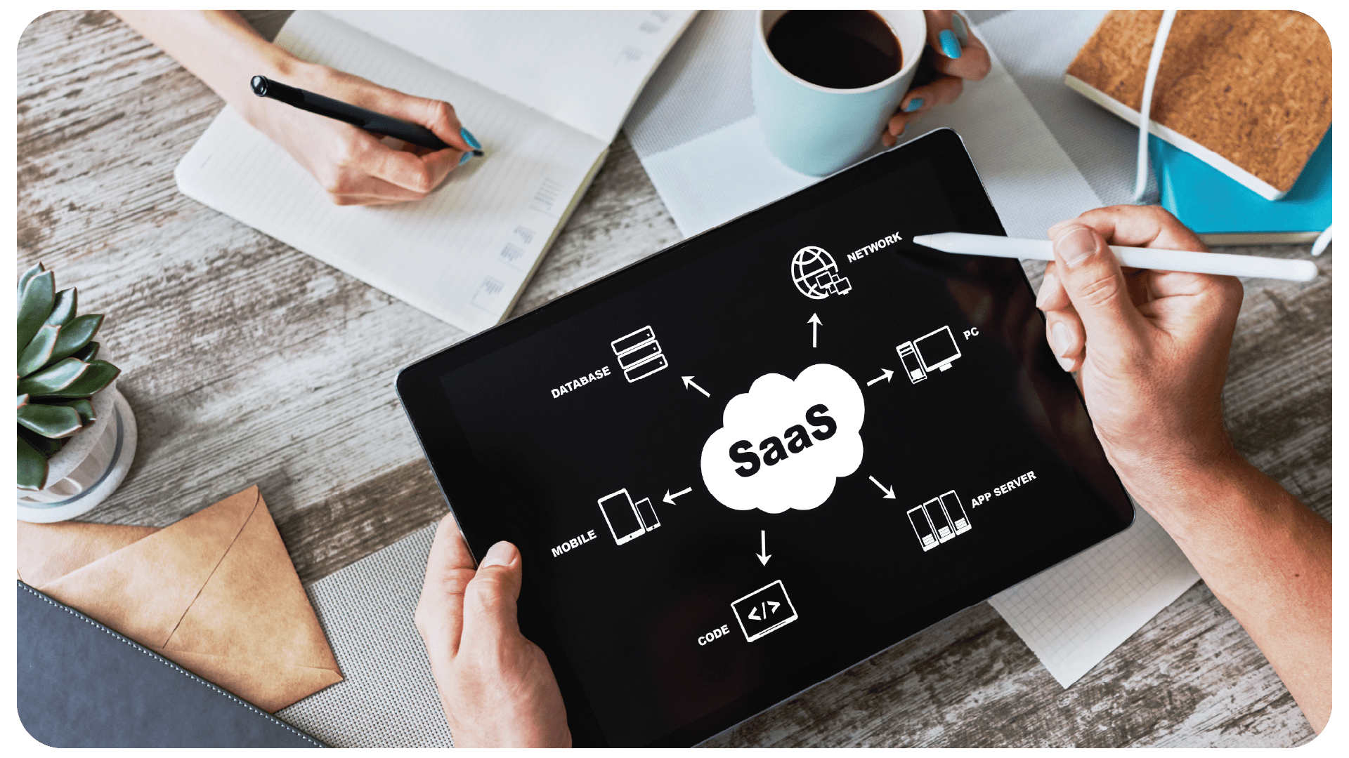 Tablet mit schematischer Übersicht eines SaaS-Systems, das Cloud-Komponenten wie Datenbank, Netzwerk, Anwendungsserver und mobile Geräte miteinander verknüpft.
