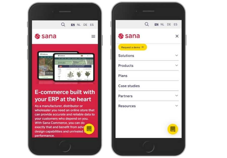 Sana Commerce homepage mobile responsiveness with hamburger menu
