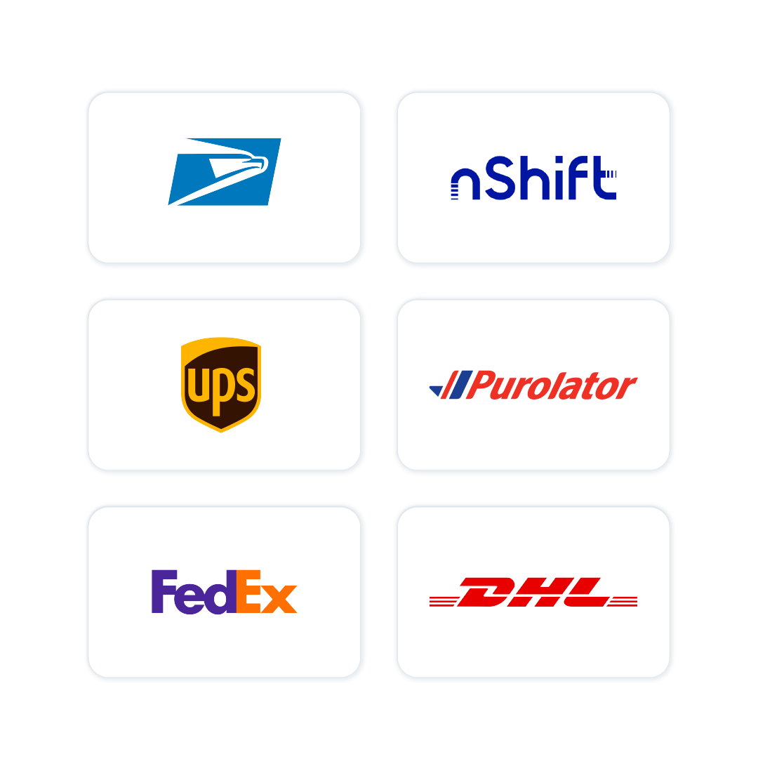 USPS, nShift, UPS, Purolator, FedEx, and DHL logos