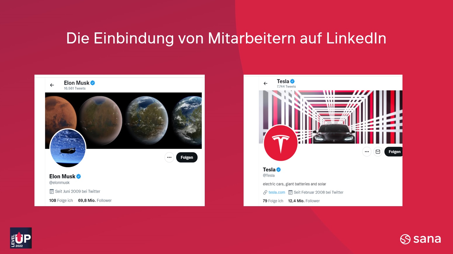 Beispiel warum Menschen lieber Menschen auf sozialen Netzwerken folgen anhand eines Followervergleichs von Musk and Tesla