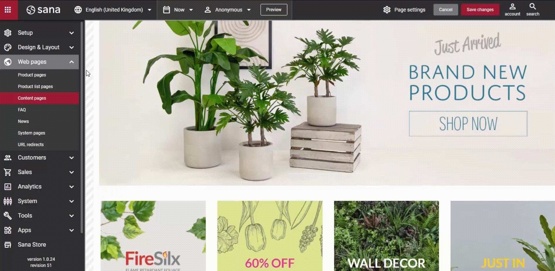 Treelocate's Sana Commerce Cloud web store - Visual Designer view