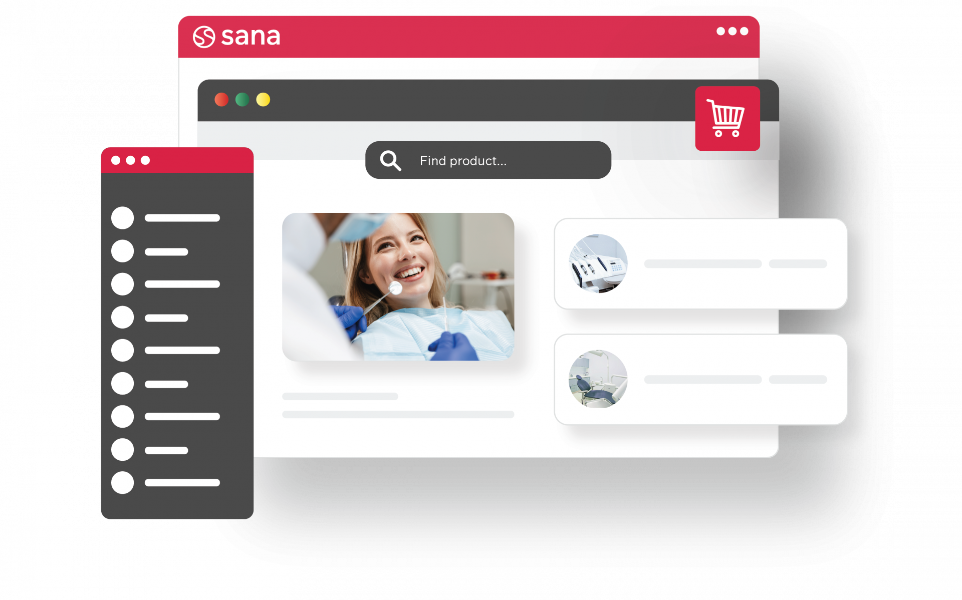 Webstore showing a woman at the dentist and dental products