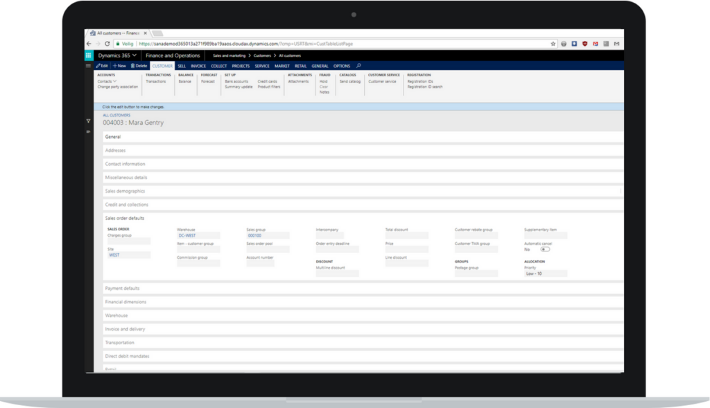 dynamics 365 sana commerce customer card