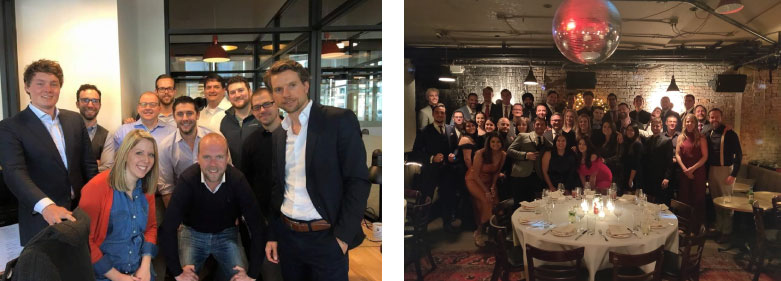 Comparing the 2016 team meetup crammed into the 2-person New York office alongside the 40-people team meetup in 2019, showing the growth of Sana Commerce U.S.