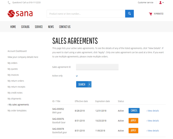 My Sales Agreements in Sana